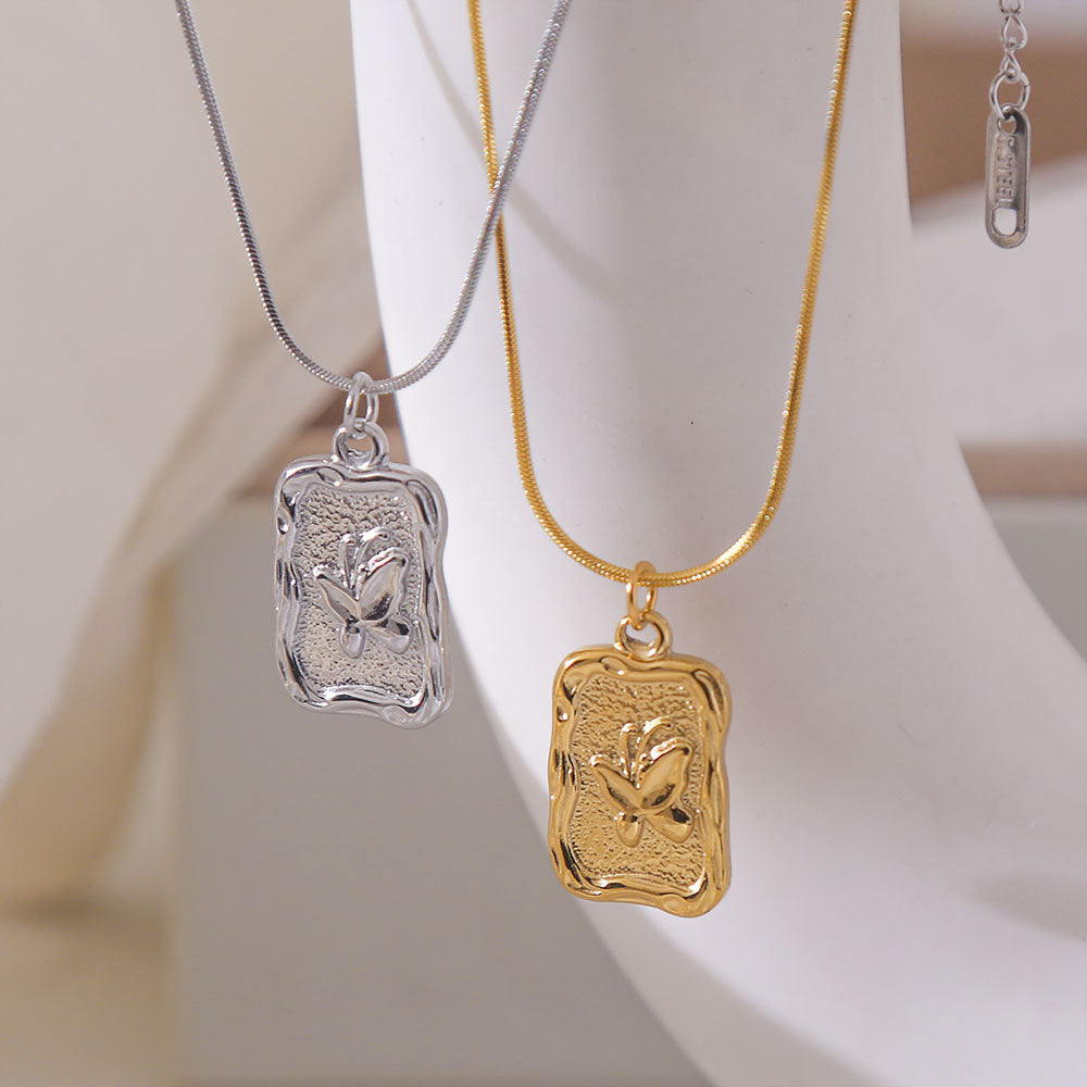 Vintage Floral Butterfly Pendant Necklace in Titanium Steel with Gold Plating for Women Snake Chain Delicate Clavicle Jewelry