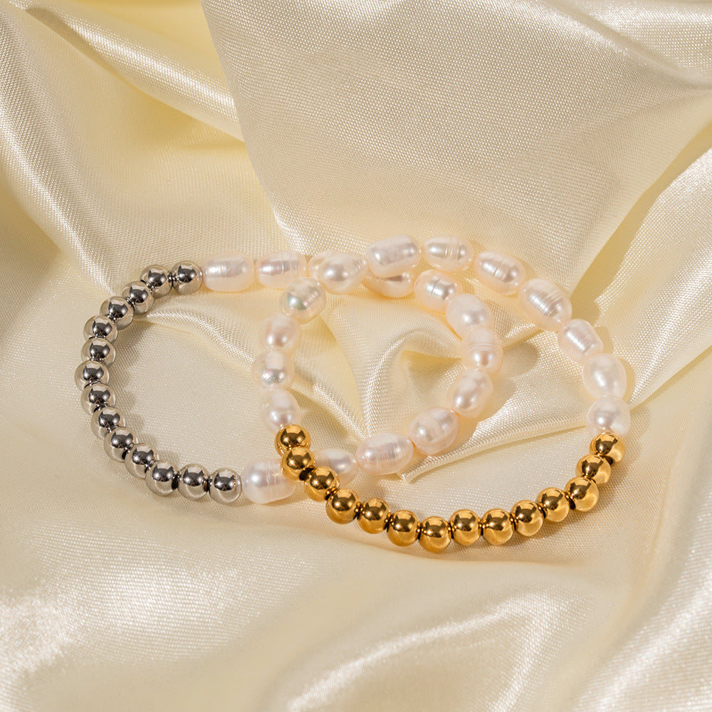 Bracciale da donna stile INS con perle d'acqua dolce e catena placcata oro 16K in acciaio inossidabile geometrico
