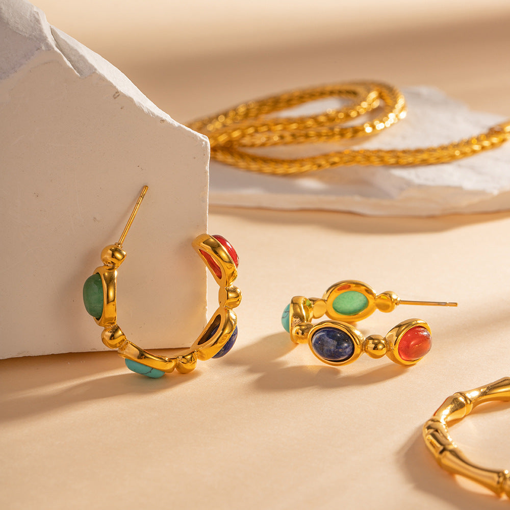 Orecchini geometrici a C in acciaio inossidabile placcati oro 18 carati con intarsio in pietra naturale da donna