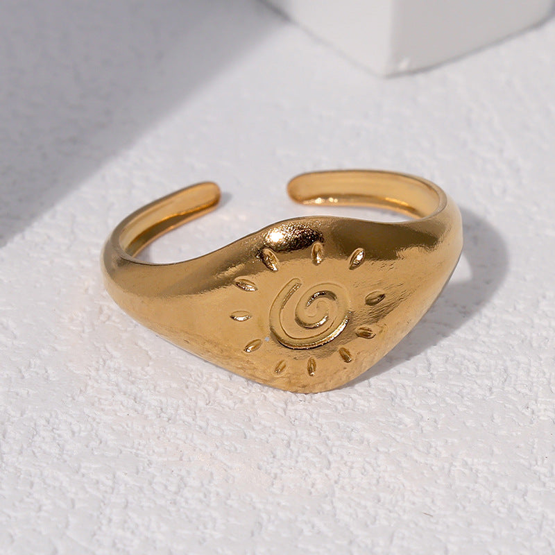 Minimalist Vintage Light Luxury 18K Gold Plated Stainless Steel Geometric Sun Symbol Open Ring for Women