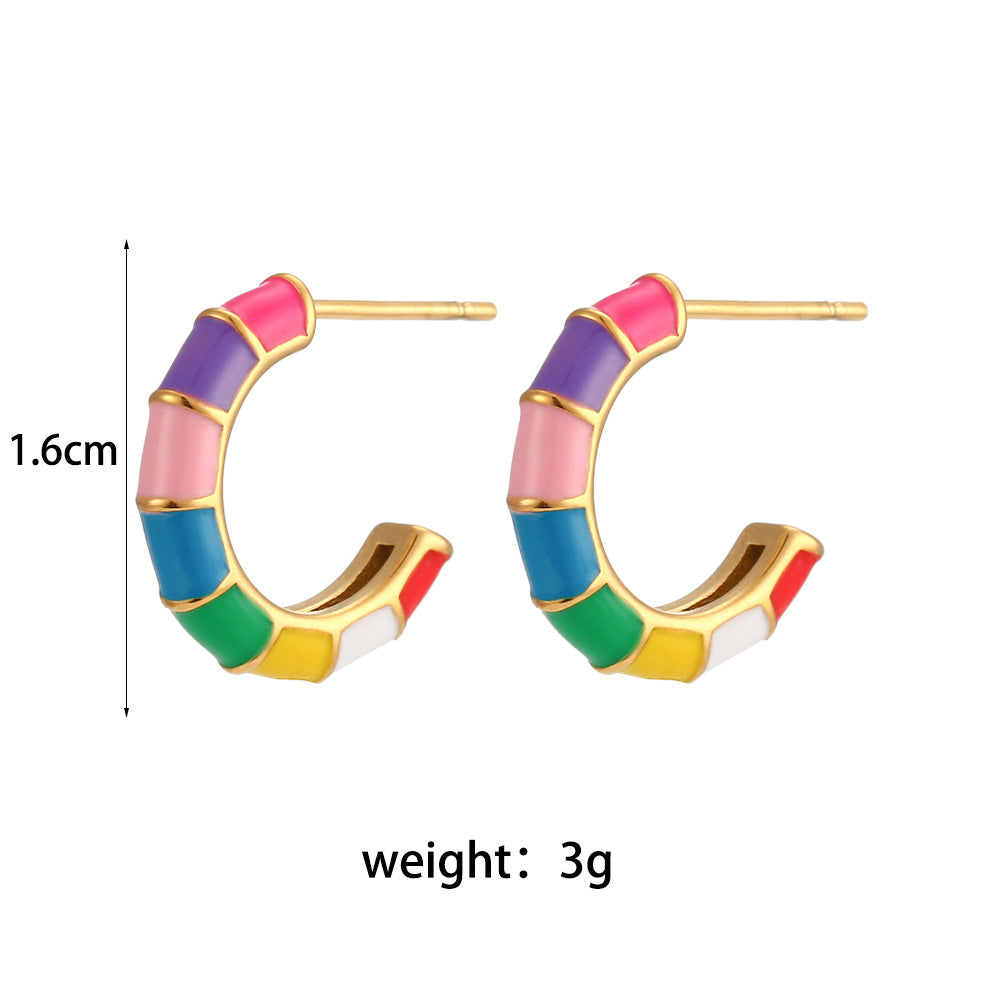 Fashionable Geometric Wheel-Shaped Stainless Steel Earrings with 18K Gold Plating and Enamel Coloring for Women