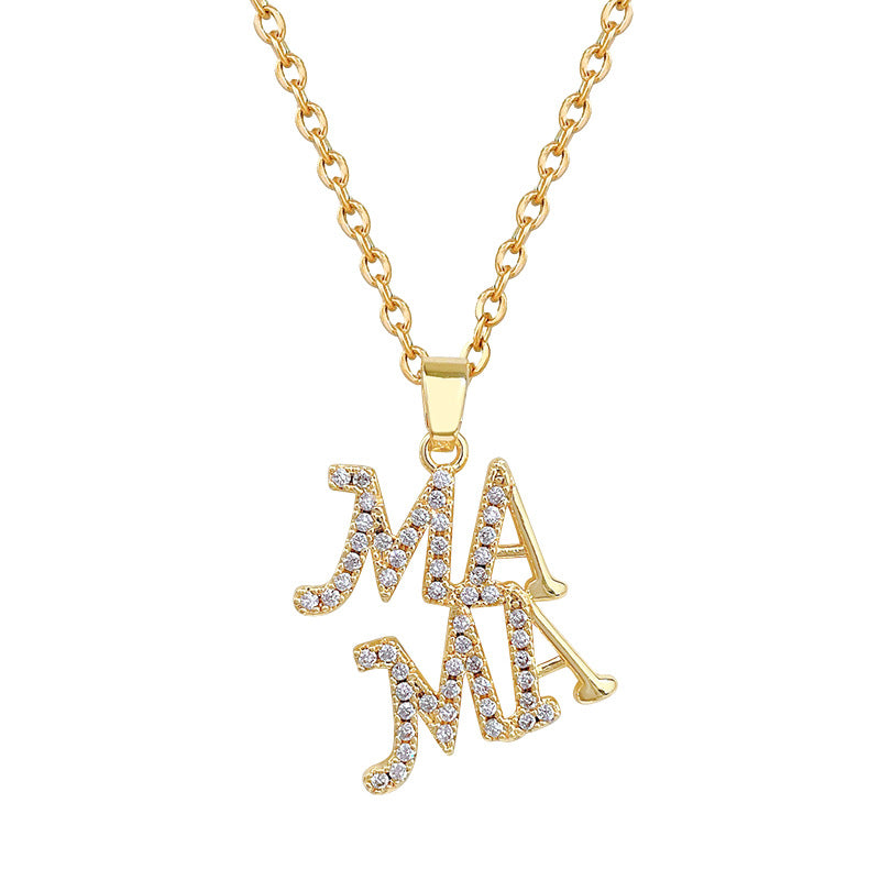 Sweet Minimalist Letter MAMA Rhinestone Inlay Titanium Steel Necklace for Unisex