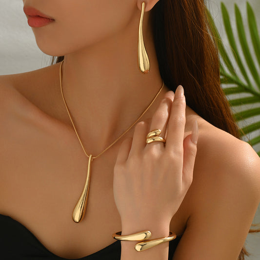 Conjunto de collar de aleación pulida con diseño de gota de agua geométrica para mujer con pendientes, pulsera y anillo a juego