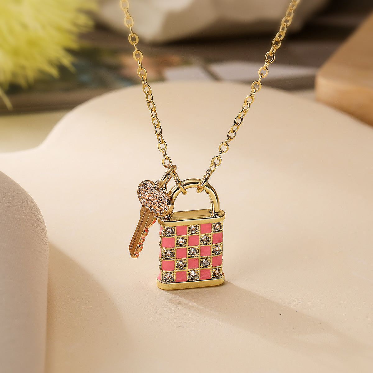 Minimalist Geometric Chessboard Pattern Enamel Key Lock Pendant Necklace for Women in Brass with 18K Gold Plating and Zircon