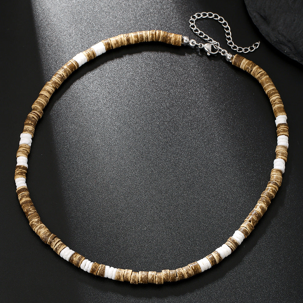 Vintage Ethnic Geometric Wood Necklace with Black Agate and Alloy Pendant for Men