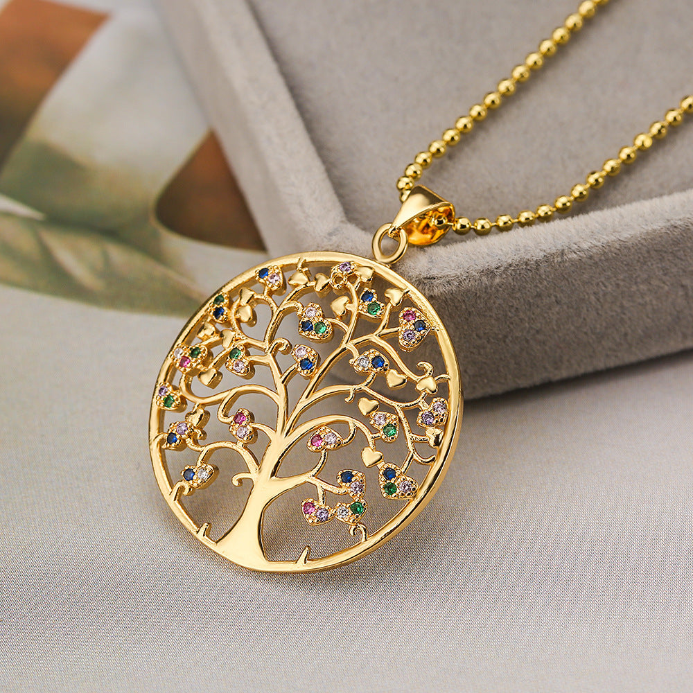 Minimalist Tree-Shaped Copper Pendant Necklace with Gold Plating and Zircon Accents for Women