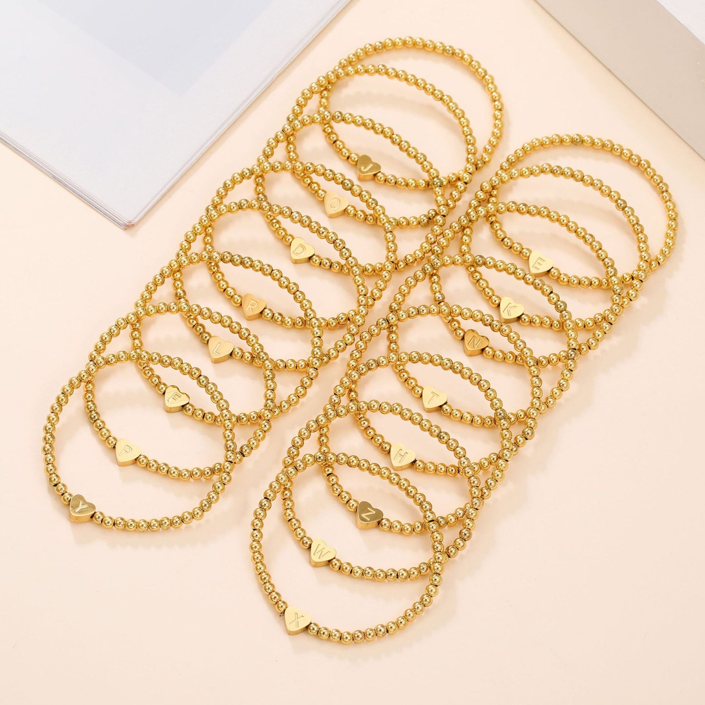 Minimalist Stainless Steel Heart Letter Bracelet with Gold Brass Beads