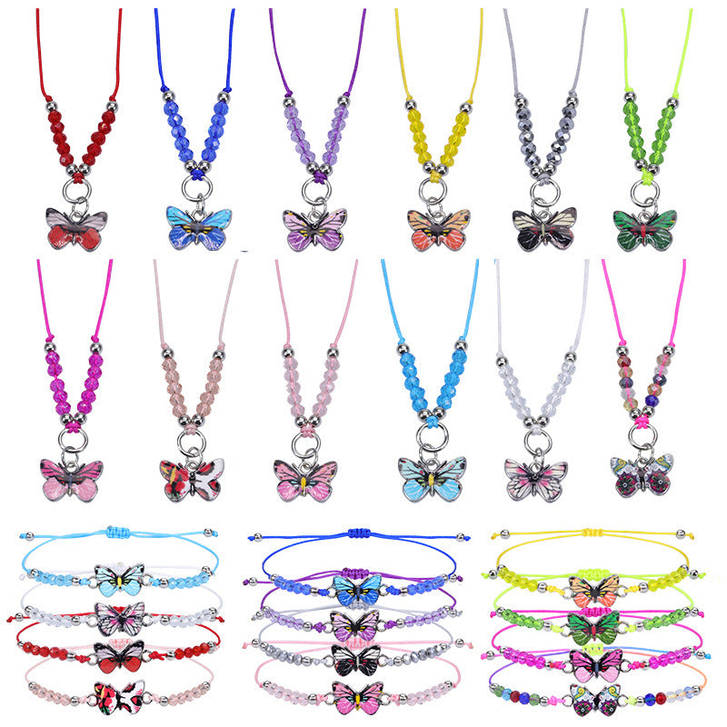 Sweet Colorful Crystal Butterfly Beaded Bracelet Silver Plated Unisex Hand Jewelry