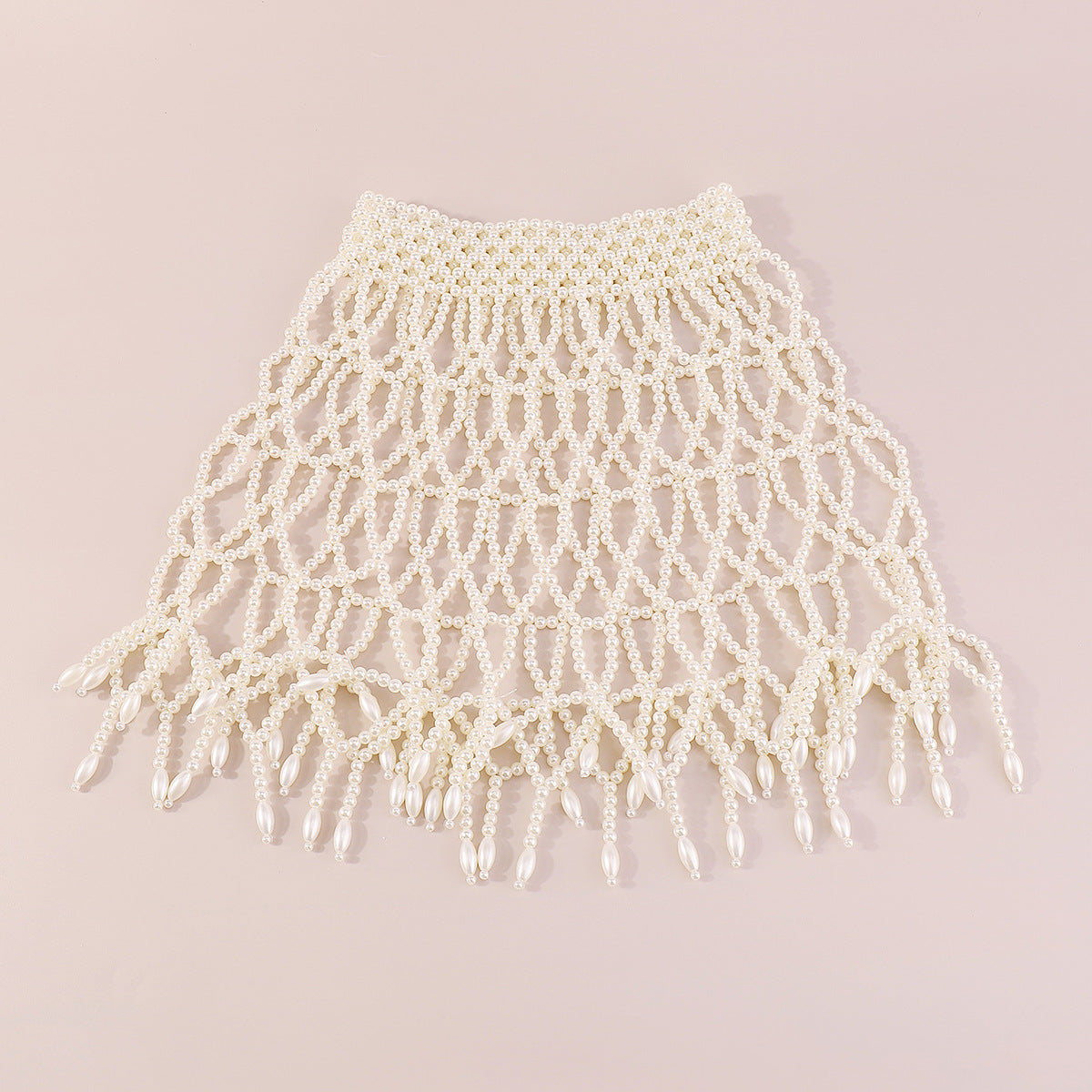 Cadena Corporal Vintage Elegante con Diseño Geométrico, Incrustaciones de Perlas de Imitación, Detalles Calados Hechos a Mano y Flecos para Mujer