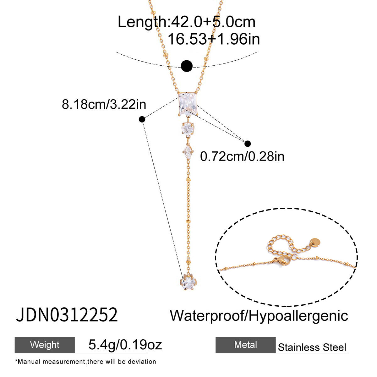 Elegant Minimalist Geometric Oval Cubic Zirconia PVD Gold Plated Stainless Steel Y-Chain Necklace for Women