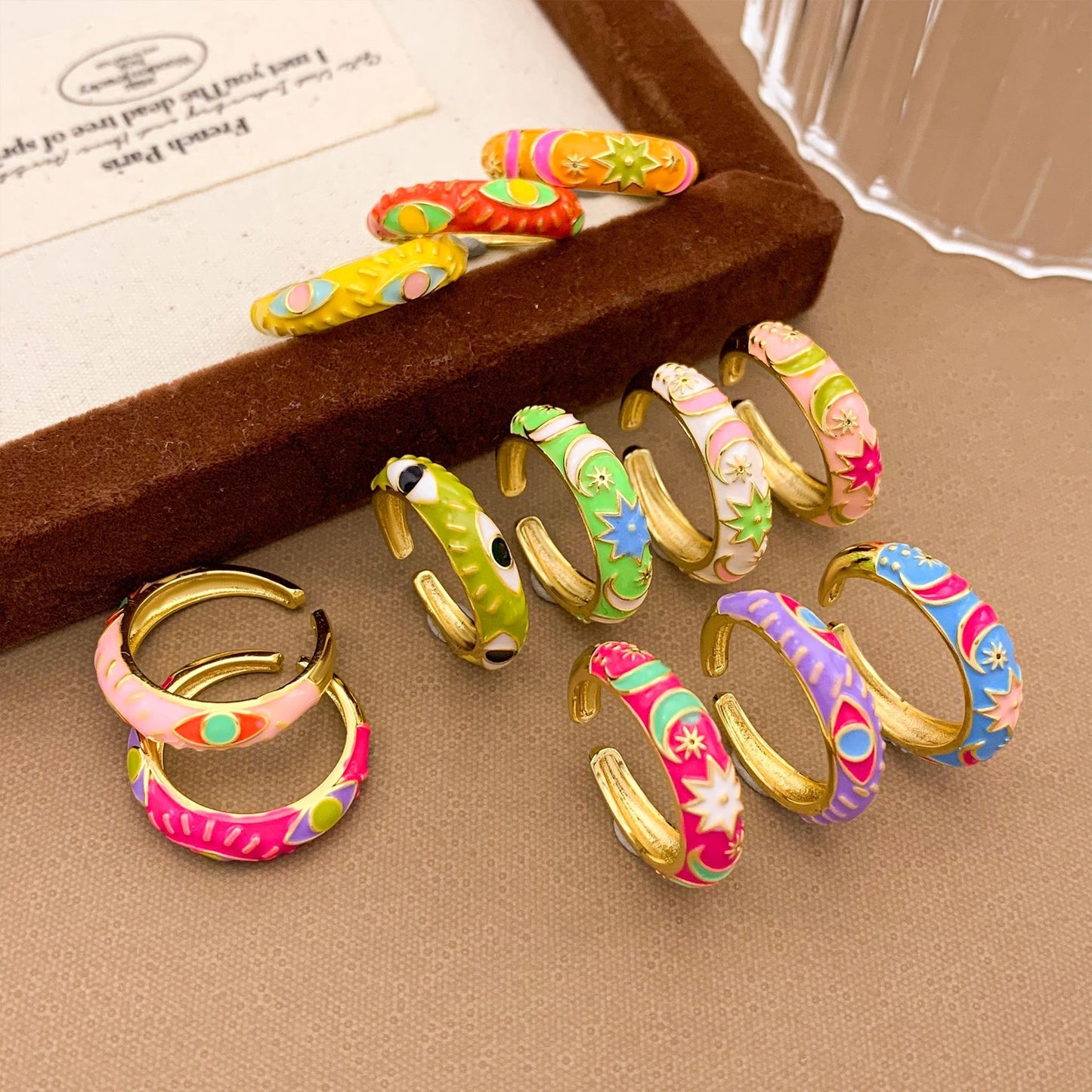 Sweet Alloy Gold Plated Drip Oil Round Oval Ring with Polka Dot Evil Eye Design for Women