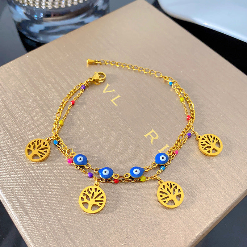 Unique Blue Eye Tree of Life Double Layer Titanium Steel Bracelet with Cute Elephant and Plant Pendant
