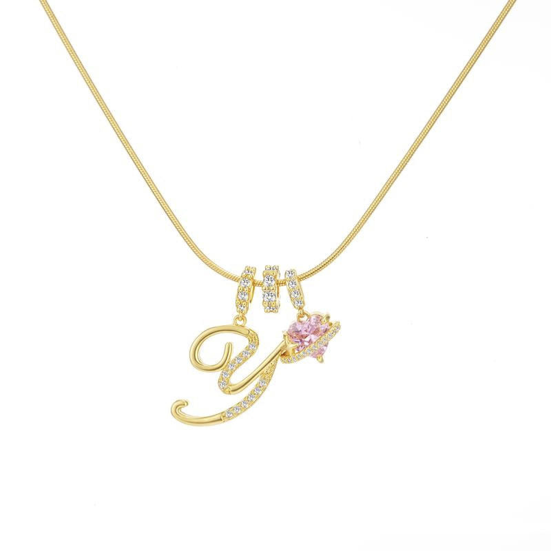 Sweet 22K Gold Plated Letter Titanium Steel Pendant Brass Cable Chain Necklace Unisex