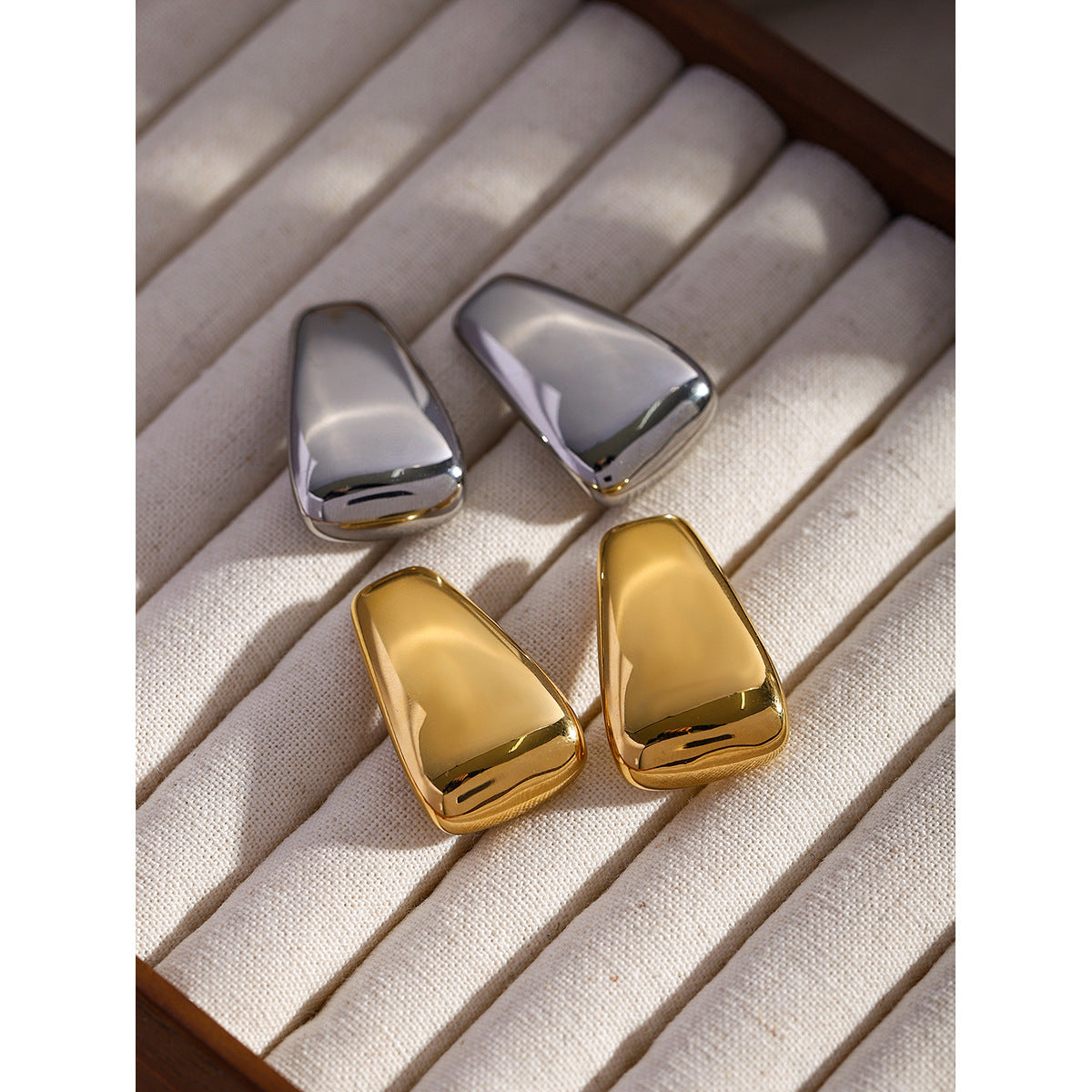 Minimalist Geometric Stainless Steel Stud Earrings with Polished Finish and Trapezoidal Shape
