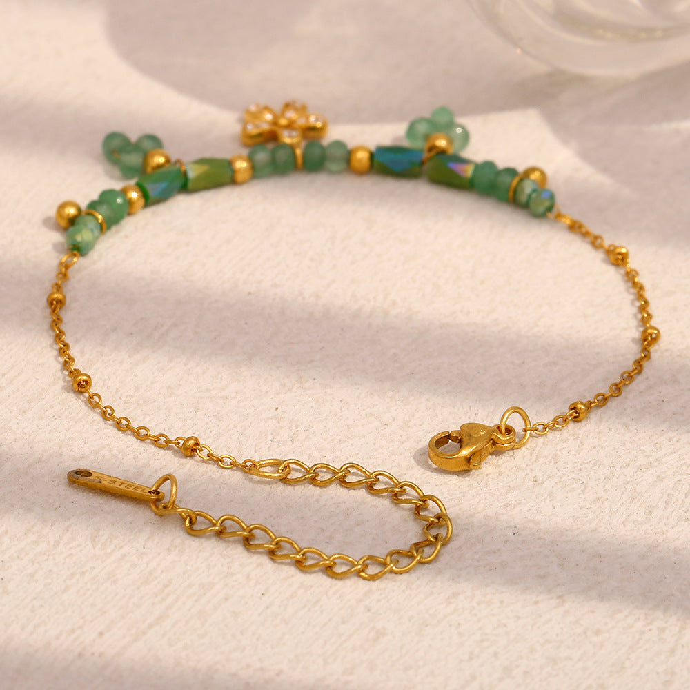 Bracciale da donna placcato in oro 18 carati in acciaio inossidabile con perline, design floreale geometrico, minimalista e alla moda