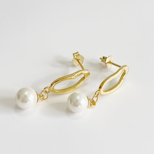 Minimalist Sweet 925 Sterling Silver Gold Plated Geometric Asymmetric Pearl Earrings