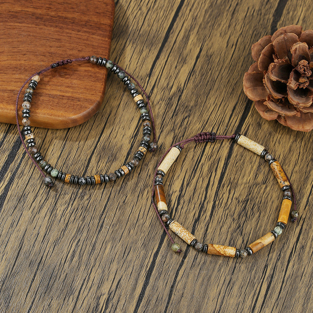 Vintage Casual Round Geometric Hand-beaded Hematite Picture Stone Bracelet for Men and Women