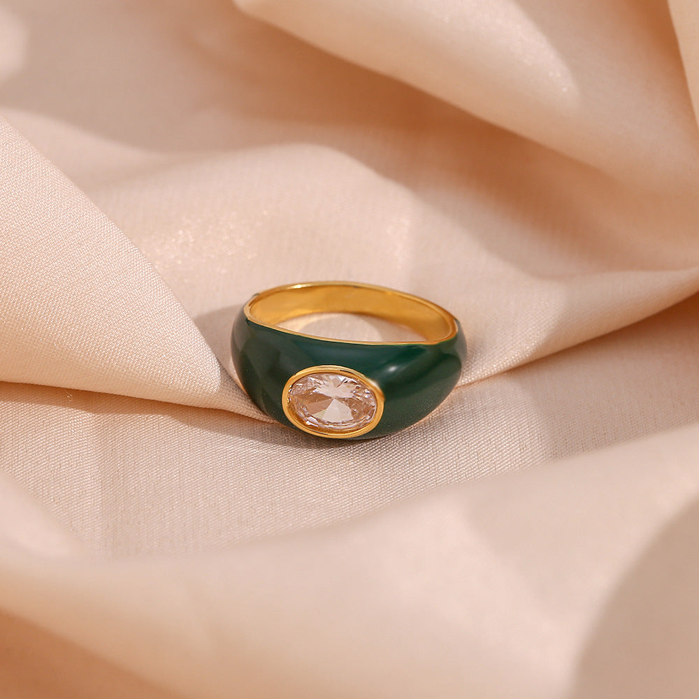 Vintage Style Oval-Shaped Titanium Steel Ring with 18K Gold Plating and Enamel Finish for Women