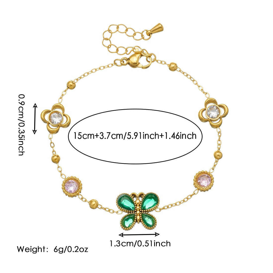 Gold Plated Stainless Steel Butterfly Flower Round Rhinestone Bracelet for Women