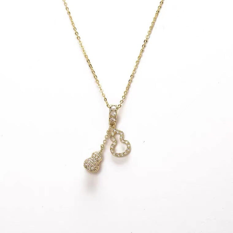Minimalist Geometric Gourd Pendant Necklace in Titanium Steel with Rhinestone Inlay, Electroplated Round Bead Chain