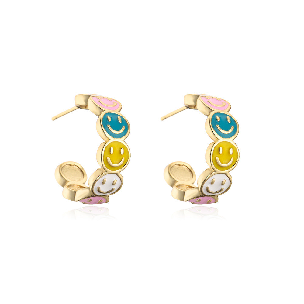 Cute Playful INS-Style Geometric C-Shaped Smiley Face Earrings for Women with Copper Base and 18K Gold Plating and Enamel Finish