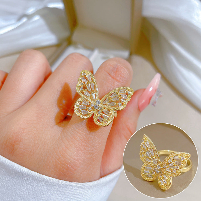 Luxury Minimalist Plated Brass Crown Rhinestone Adjustable Ring for Women