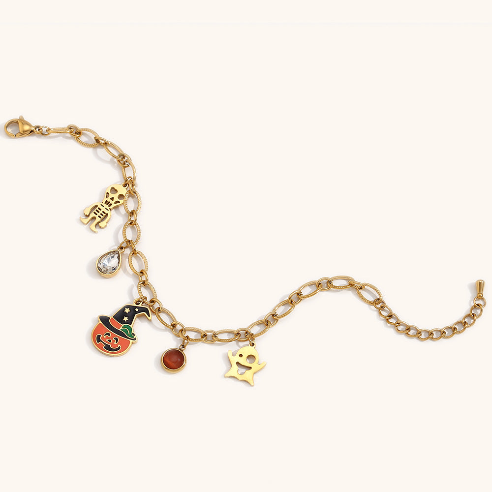 Fashionable Cartoon Pumpkin Skull Pendant Bracelet in Stainless Steel with 18K Gold Plating for Halloween and Travel Souvenirs