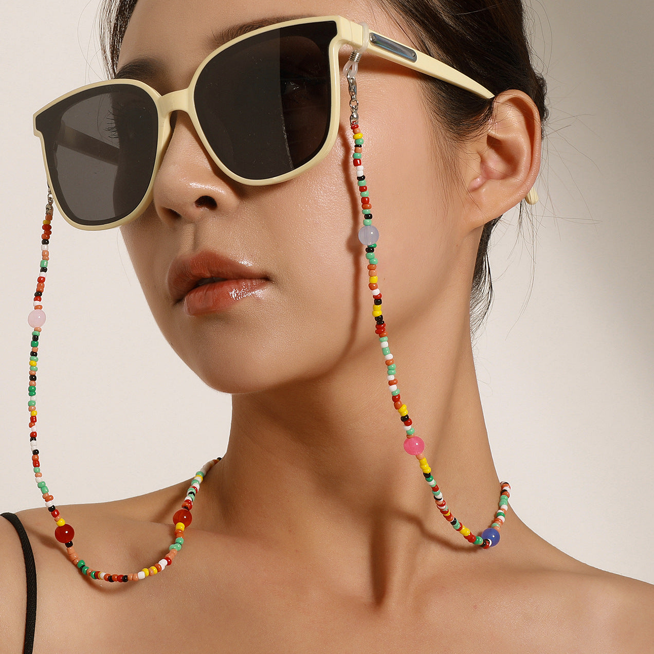 Candy Color Round Glass Beads Ball Chain Eyeglass Holder for Women