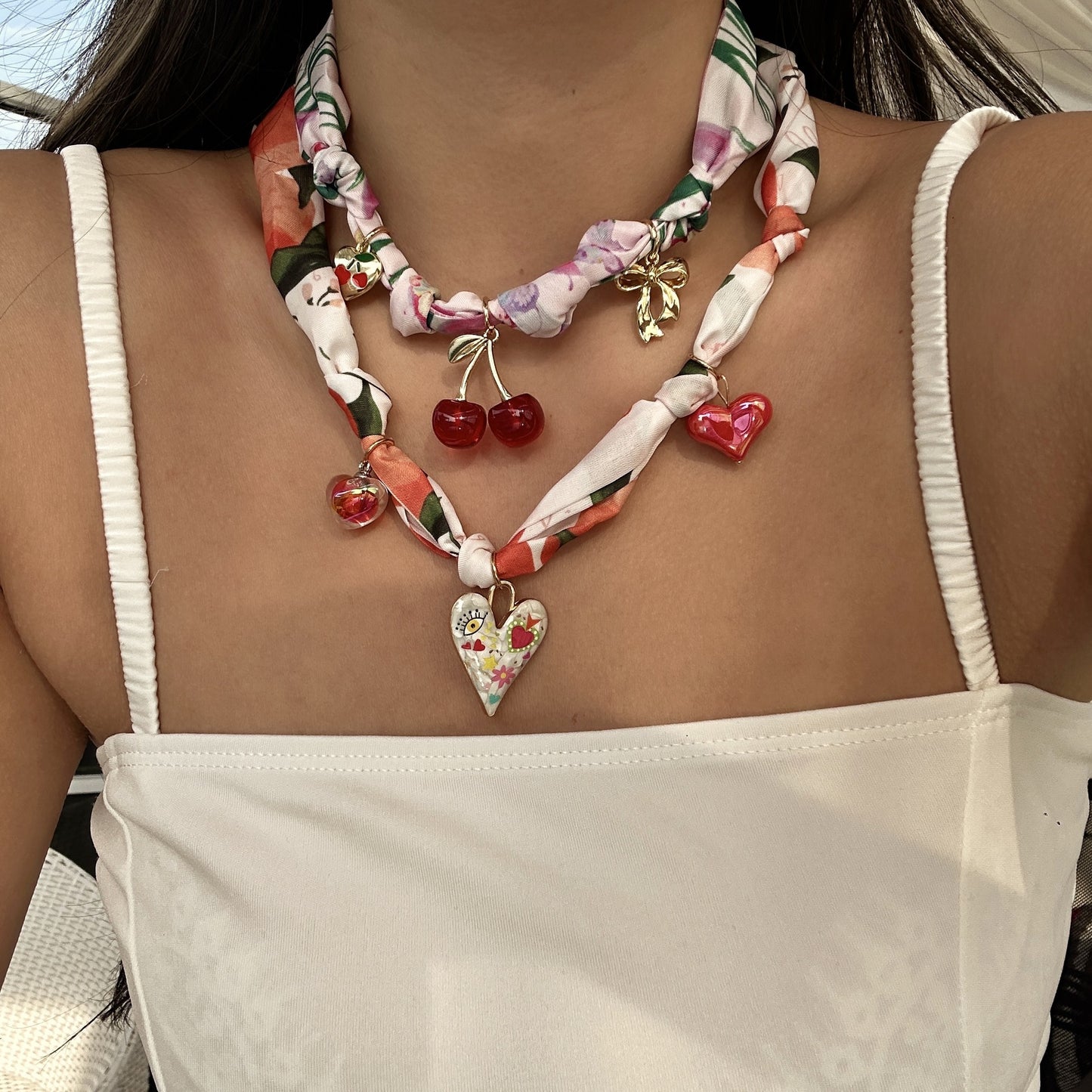 Sweet Colorful Braided Alloy Fruit Floral Pendant Ribbon Necklace for Women