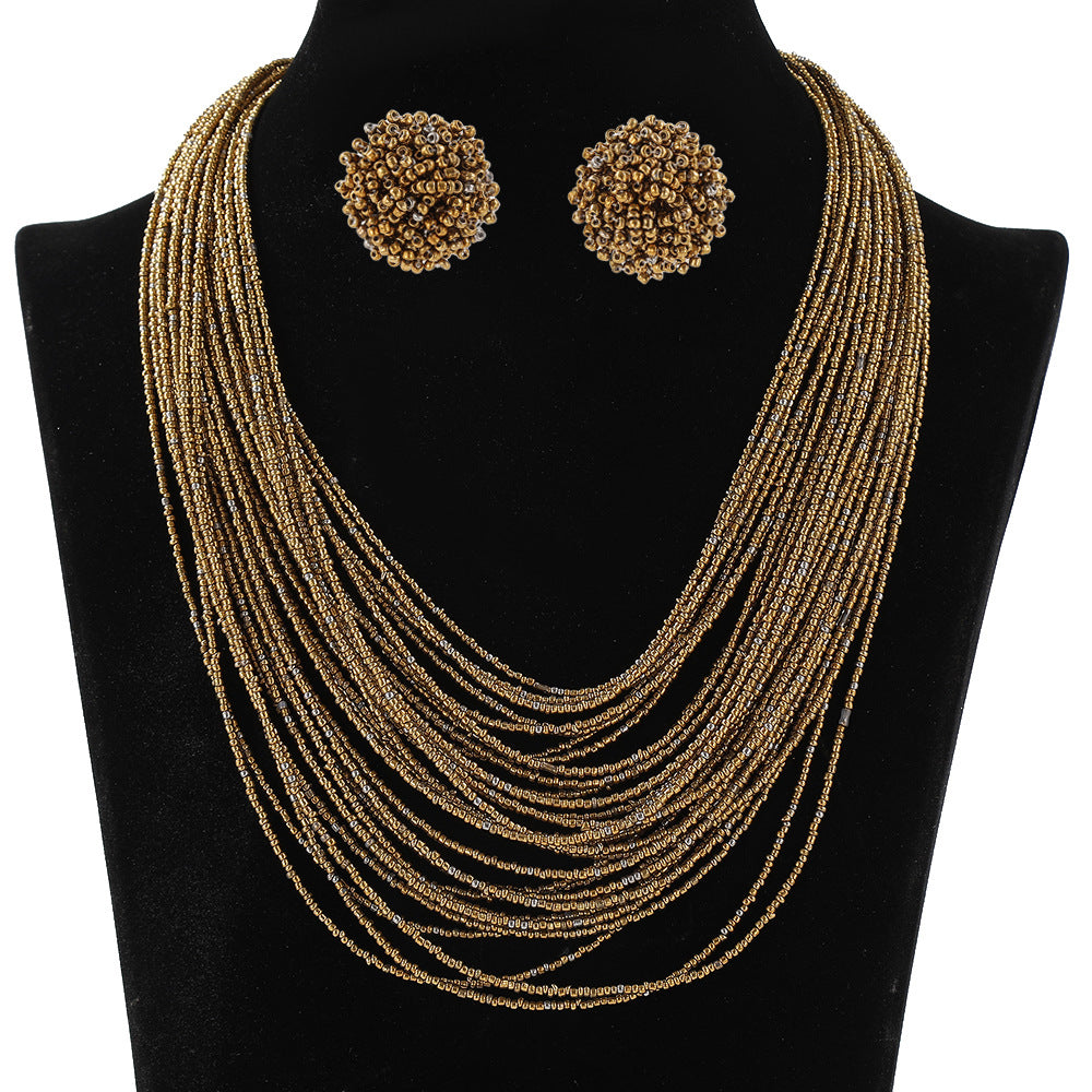 Bohemian Multi-Layer Glass Seed Bead Necklace and Earrings Set for Women with Line Pattern and Ethnic Design
