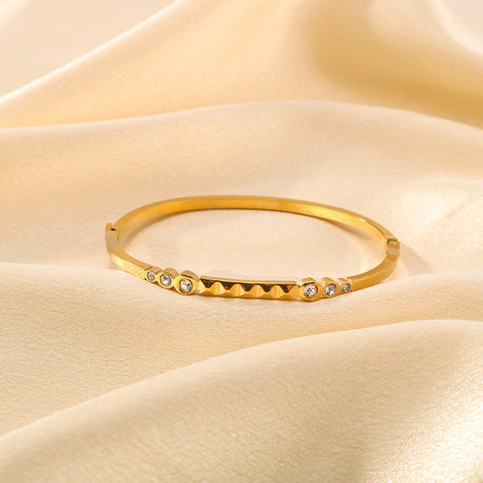Bracciale da donna in acciaio inossidabile placcato oro 18 carati con motivo geometrico quadrato e circolare intarsiato di strass