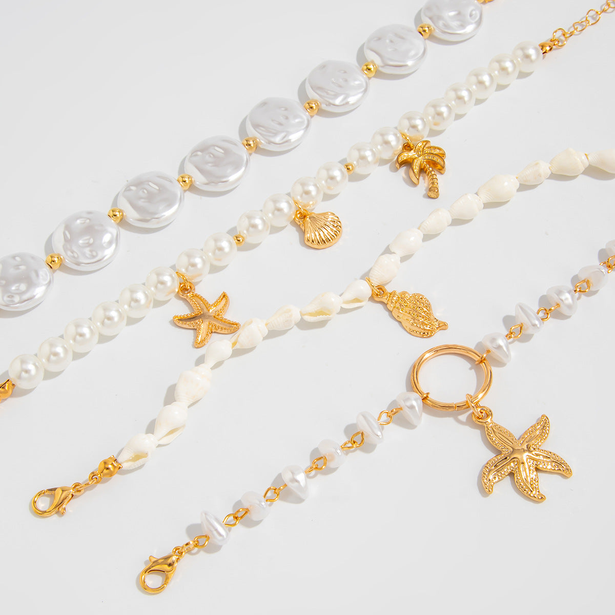 Pulsera Bohemia con Perlas Electrochapadas en Forma de Estrella con Concha y Colgante de Estrella para Mujer