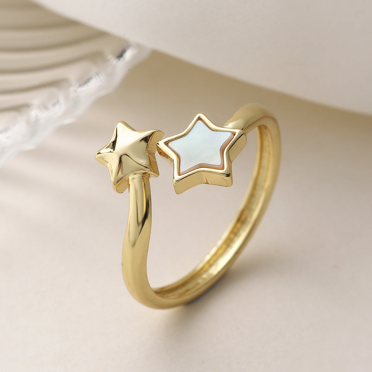 Minimalist 18K Gold Plated Brass Ring with Micro-Inlaid Shell Star Moon and Heart Geometric Design for Women