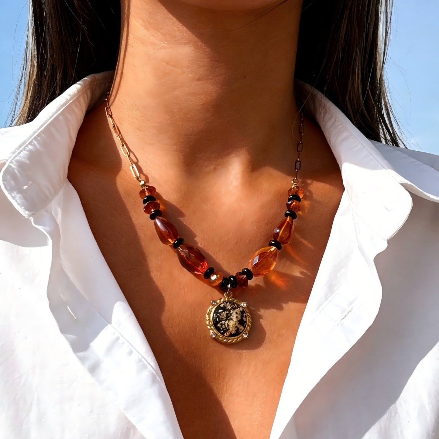 Vintage Geometric Star Round Plated Stainless Steel Pendant Necklace for Women