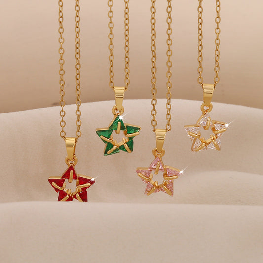 Collana da donna alla moda a forma di stella in acciaio inossidabile con intarsio di strass e finitura placcata
