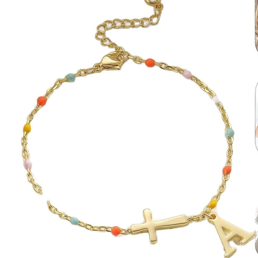 Colorful Drip Oil Plated Stainless Steel Letter Cross Bracelet for Women