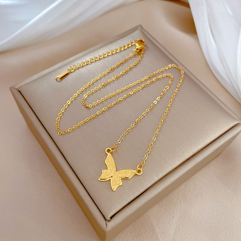 Minimalist Matte Titanium Steel Butterfly Pendant Necklace for Women with Gold Plating and Geometric Edge Bead Detail