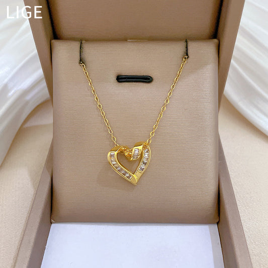 Collar con Colgante de Acero Inoxidable con Circonitas Incrustadas en Forma de Corazón Estilo Dibujos Animados para Mujeres y Hombres, Cadena Minimalista a la Clavícula
