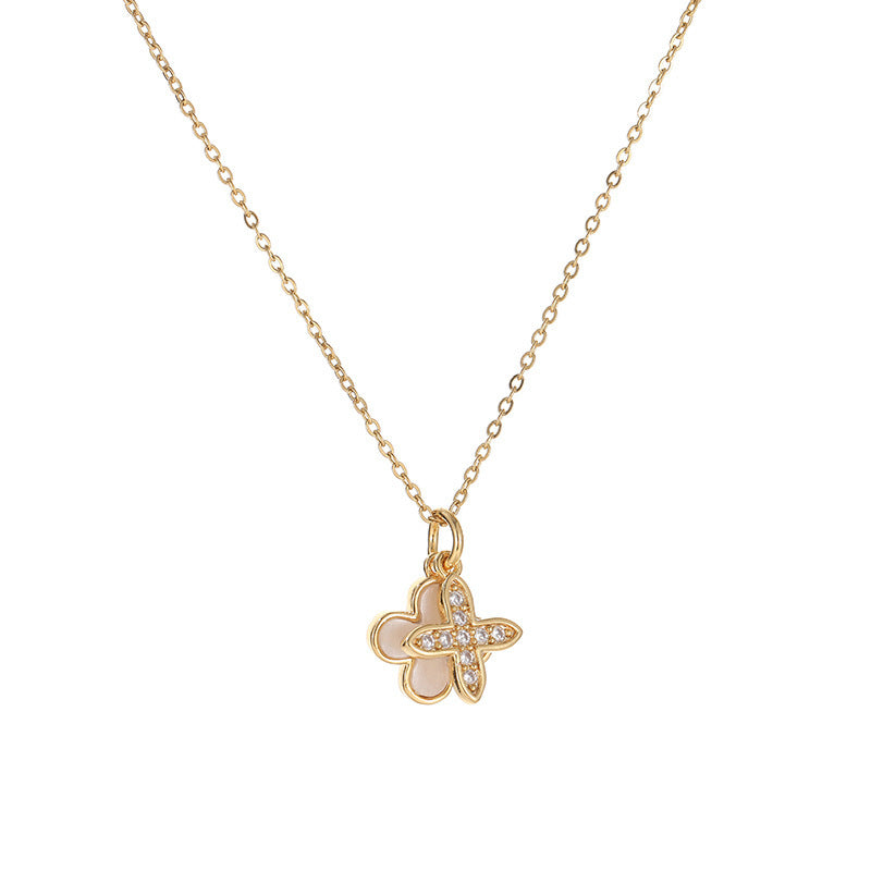 Collana Minimalista a Forma di Quadrifoglio in Acciaio al Titanio con Dettagli in Conchiglia Bianca e Nera, Catena O Elettroplaccata, Ciondolo di Lusso Leggero da Donna