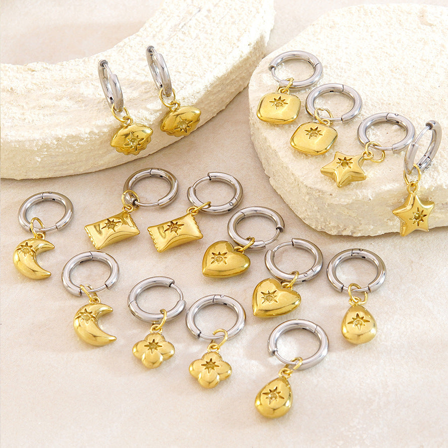 Graziosi orecchini a cuore, stella e quadrato geometrici placcati oro 18 carati in acciaio inossidabile bicolore