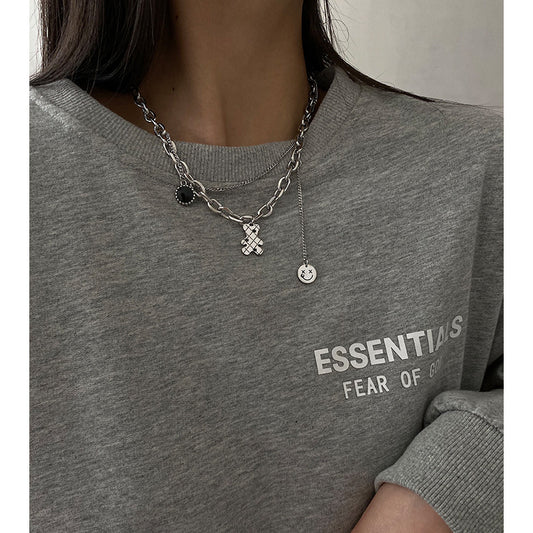 Minimalist Bear-Shaped Titanium Steel Polished Double-Layer Necklace for Women and Men with Blade Chain Design