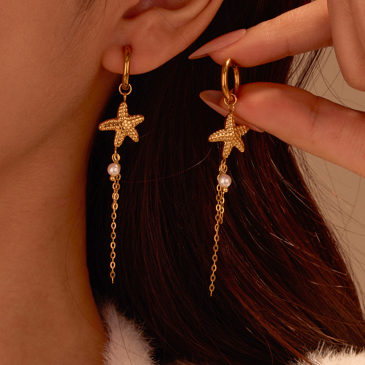 Pendientes de Acero Inoxidable de Estrella de Mar, Inspiración Marina, con Forma Geométrica y Acabado Chapado para Mujer