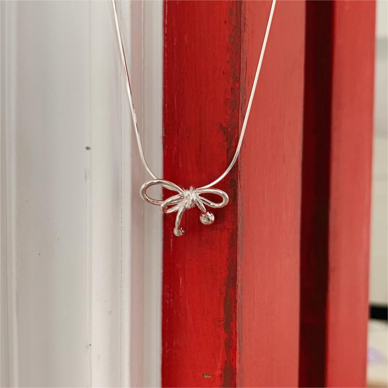 Sweet Minimalist Bow Knot Necklace in 925 Sterling Silver with Geometric Accent