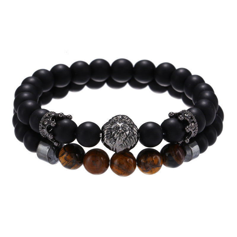 Geometric Crown Bracelet with Matte Black Stone and Cubic Zirconia, Alloy Plated Jewelry for Men and Women