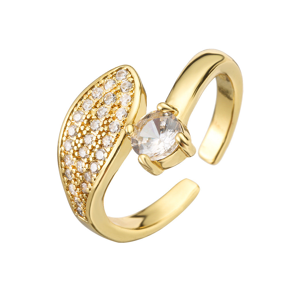 Minimalist Geometric Open Ring for Women with 18K Gold Plating and Zircon Inlay in Butterfly and Leaf Shape