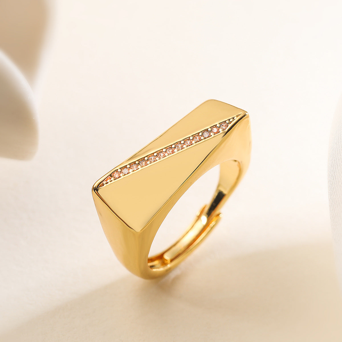 Minimalist Geometric Open Ring for Women in Brass with 18K Gold Plating and Zircon Inlay