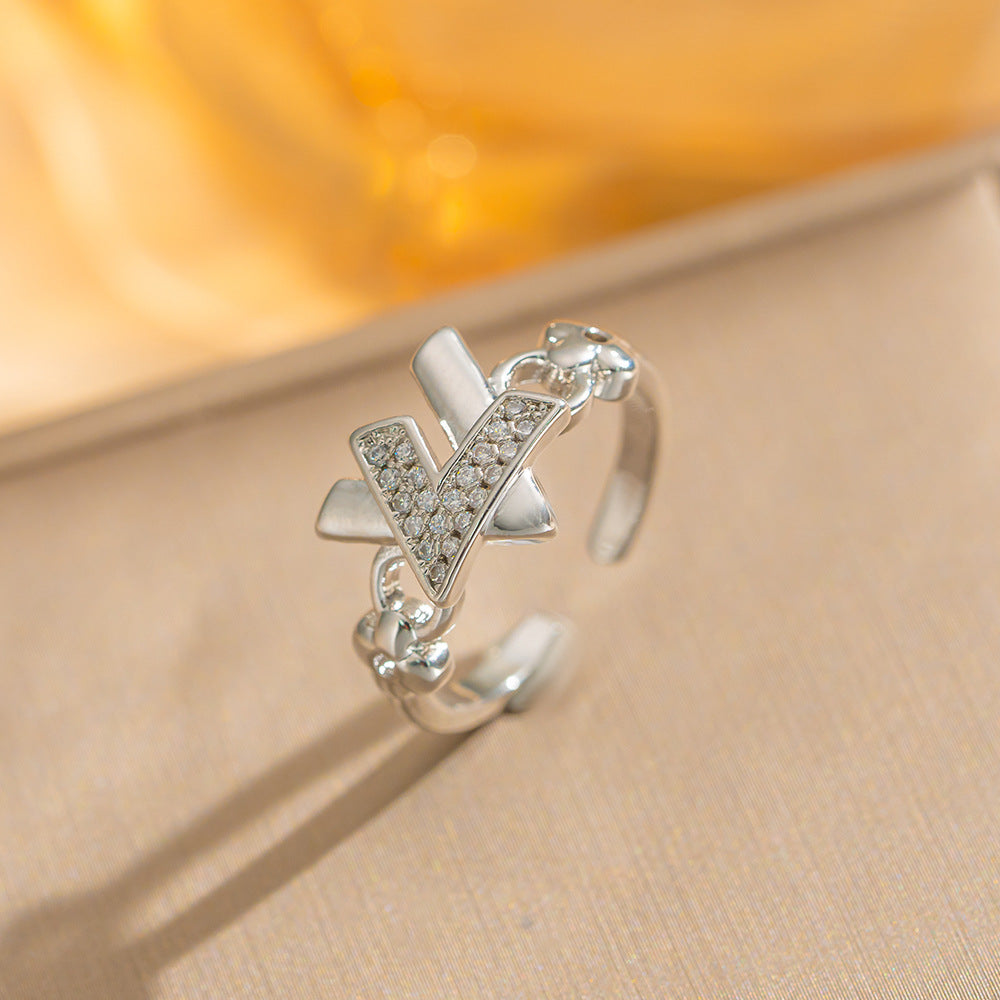 Luxury Minimalist Adjustable Open Ring for Women with Gold-Plated Copper Band and Zircon Stone Accent in Heart and Floral Shape