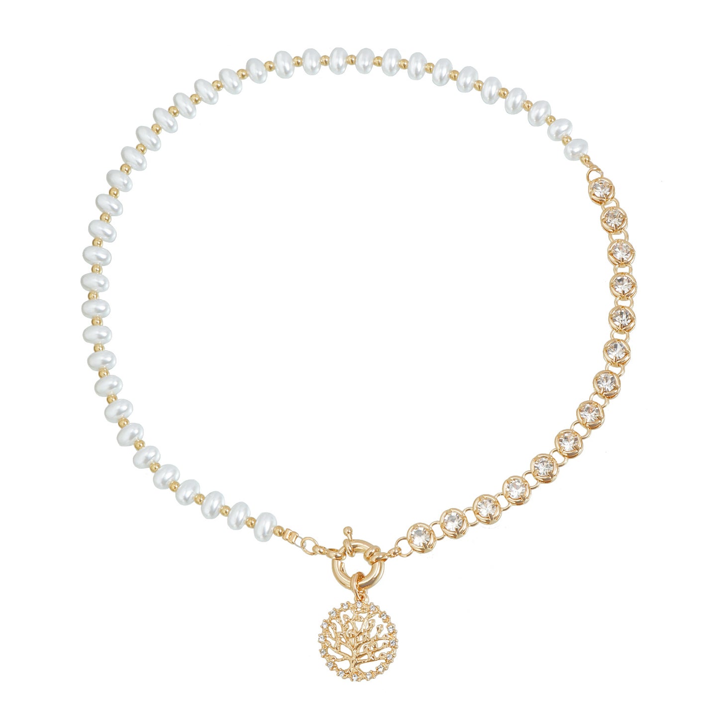 Minimalist Geometric Teardrop Life Tree Alloy Necklace with Rhinestone and Pearl Plated Finish for Women