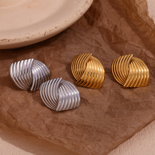 Vintage Geometric Fan-Shaped Stainless Steel Ear Studs with 18K Gold Plating for Women