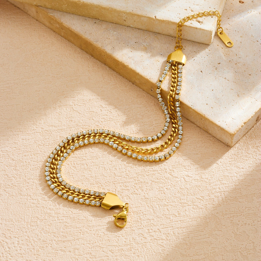 Minimalist Luxury Gold Plated Stainless Steel Rhinestone Chain Bracelet for Women